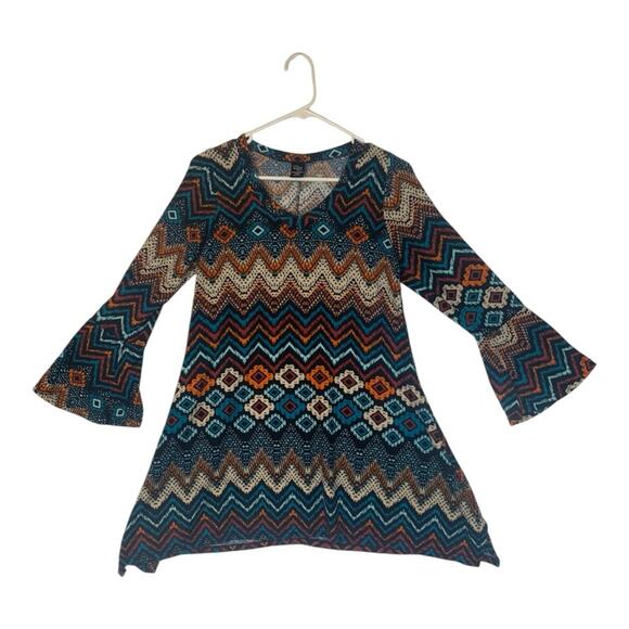 Win Win womens small medium flare bottom tunic aztec chevron bell sleeve shirt 3 - Picture 1 of 7